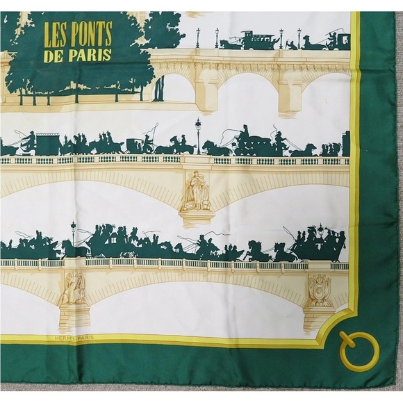 Hermes Les Ponts de Paris Silk Scarf in Green and Gold - Picture 6 of 12